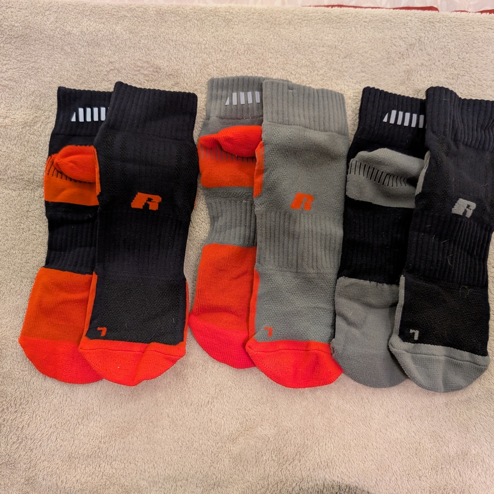 Rawlings Youth Boys Athletic Crew Socks — 3 Pairs, Gray/Black with Orange Accent